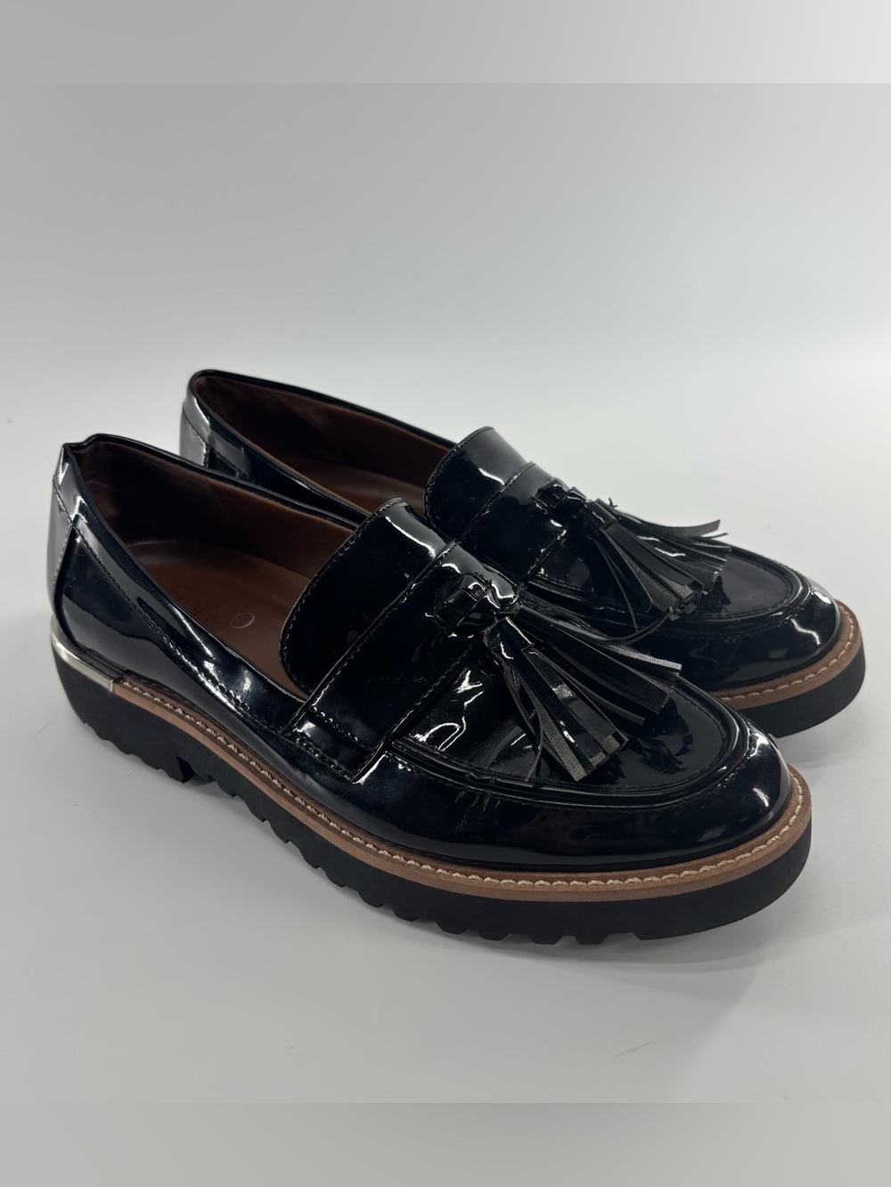 Franco Sarto Carolynn Tassel loafers 6 black patent leather